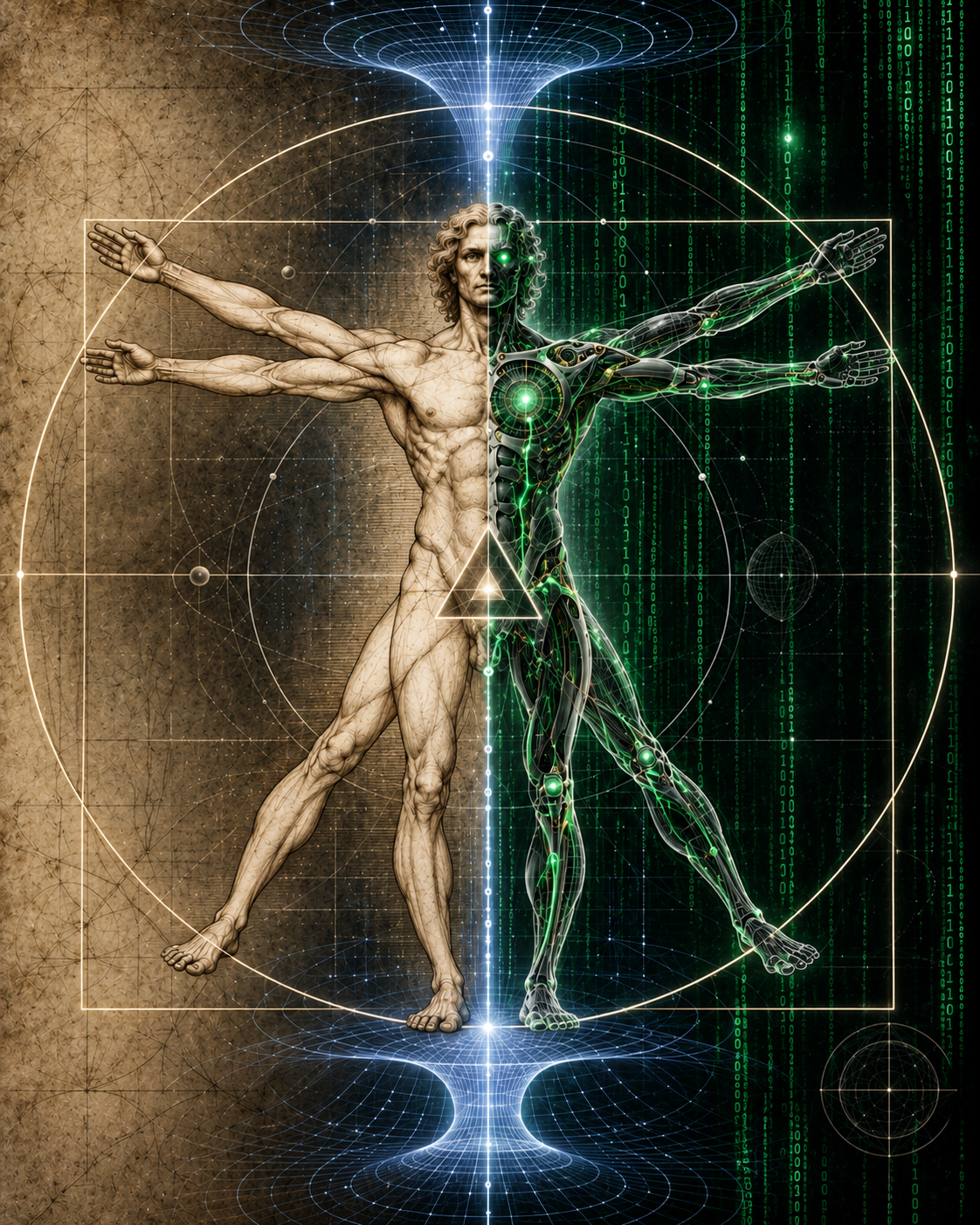 Archive plate: a human figure half anatomical drawing, half reconstructed system, inscribed in a circle and square